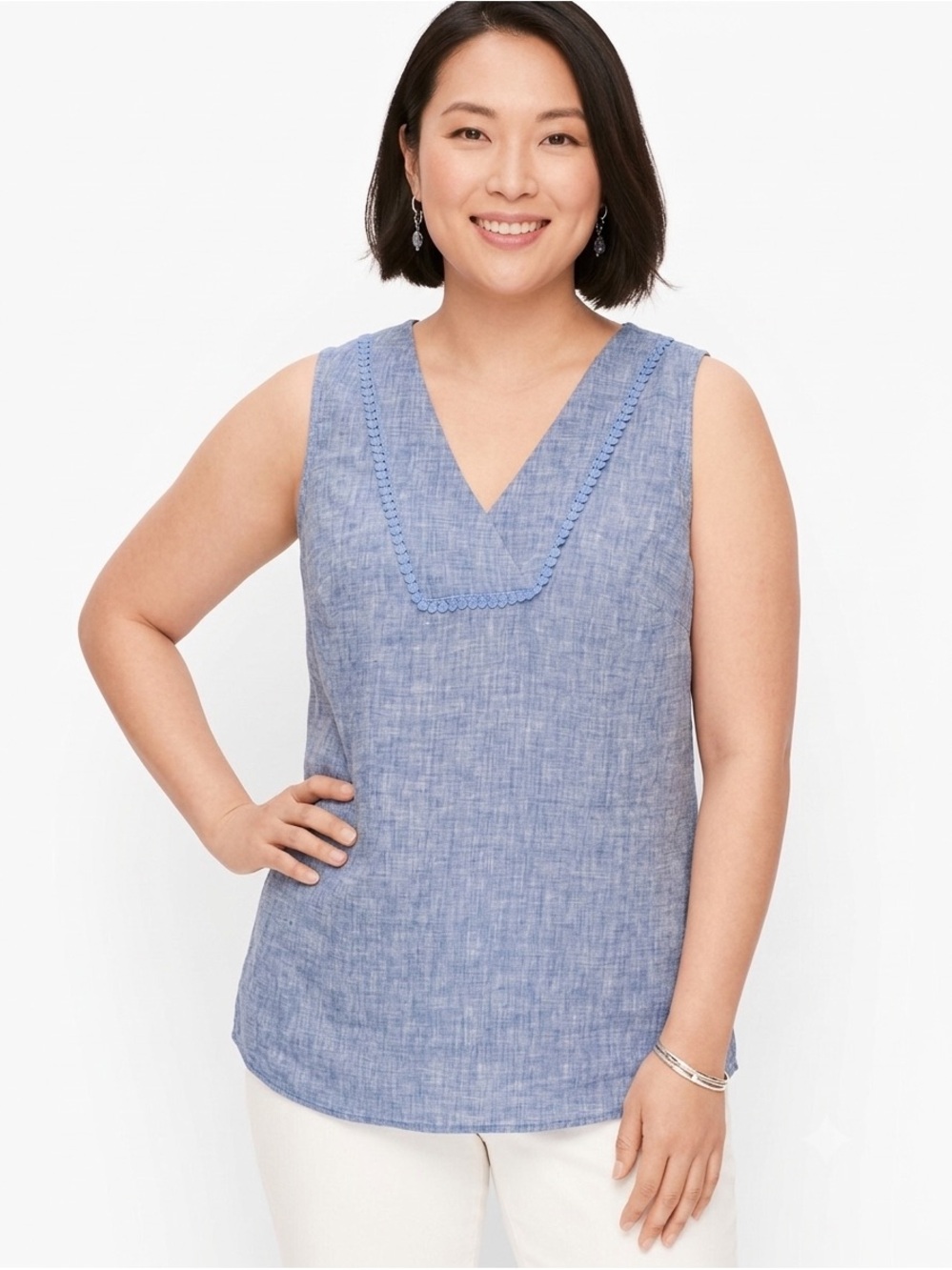 Talbots 100% Linen Navy Blue Sleeveless Top With Bubble Trim Accent Size Xlarge